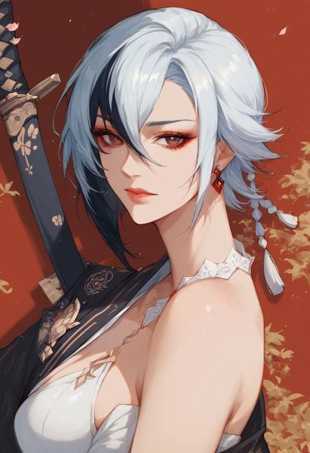score_9, score_8_up, score_7_up, Expressiveh, ultra detailed, 
1 samurai girl, ((white hair)), upper body,
arlecchino_\(genshin_impact\), 
solo, detailed and (pale:0.88) skin, beautiful face, looking at viewer,
katana, japanese building,