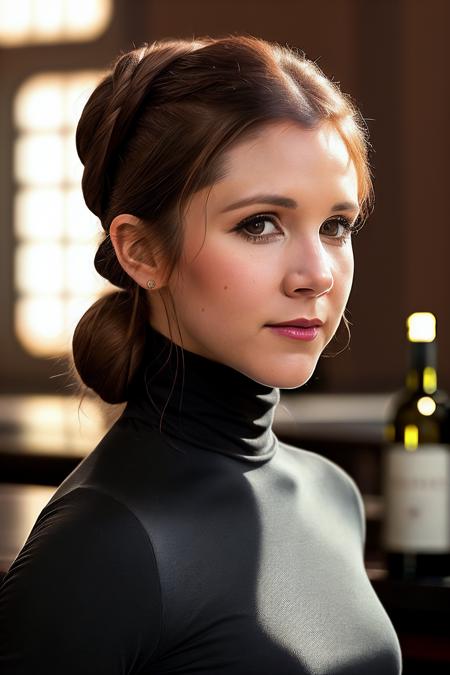 photo of extremely sexy (cfisher:1.0), a woman as a sexy student, closeup portrait upsweep updo, (Wine Red tight long sleeve turtleneck top), at a cantina sitting bar (masterpiece:1.5) (photorealistic:1.1) (bokeh) (best quality) (detailed skin texture pores hairs:1.1) (intricate) (8k) (HDR) (wallpaper) (cinematic lighting) (sharp focus), (eyeliner)