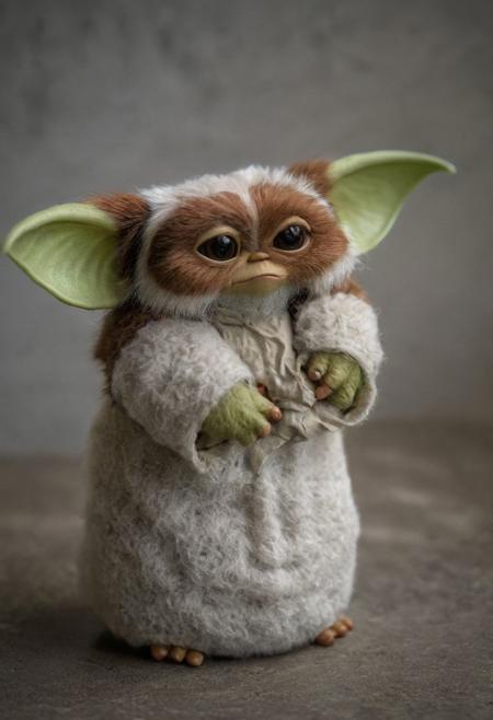 amazing quality, masterpiece, best quality, hyper detailed, ultra detailed, UHD, perfect anatomy, portrait, dof, hyper-realism, majestic, awesome, inspiring, - a fluffy cute #giz# gizmo( inspirated in yoda:2.1), grogu, [light brown robe:28],smirking, cinematic composition, soft shadows, national geographic style, sharp focus