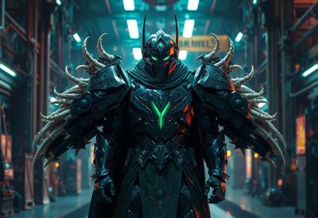 "Create a highly detailed, lifelike depiction of a Gaia Knight, the Force of Earth, at a machine conversion factory in 2019. The knight is wearing decepticon armor plating and a dark green cloak, with a symmetrical sticker design. The setting is lit with cinematic lighting and features a jetpack made of ancient beast bones. Aim for a professional, unique masterpiece with a brilliant symmetry, rendered in Octane or Unreal Engine, with HD textures and subsurface scattering. The final piece should evoke a dreamwave, cursed image aesthetic with a synthwave neon color palette and a touch of the psychedelic."