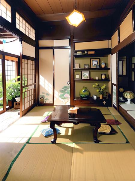 masterpiece, best quality, ultra-detailed, illustration,
washitsu, scenery, table, tree, indoors, chair, lamp, book, plant, architecture, sunlight, shelf, window, sliding doors, shade, ceiling light, door, realistic, photo (medium), photo background
 <lora:washitsu:1>