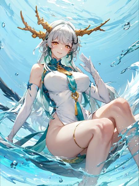 masterpiece,best quality,highres,1girl,solo,<lora:ShadowverseSilong_v2:0.7>,<lora:watervfxCreateMore_v1:0.2>,water,wet clothes,looking at viewer,horns,yellow eyes,evily smile,shaded,glowing eyes,white dragon claws,waving hair,floating hair,white legwear,(fat legs:1.2),bottomless,absloute realm,skindentation,gradient hair,multicolored hair,medium hair,long bangs,water reflections,huge breasts,extremely detailed,dramatic angle,finely detailed eyes,pretty legs,bare shoulders,(mature female:1.4),(matured face:1.3),(sideboob:0.6),white hair,green hair,green bangs,blush,sitting,(from below:1.2),shy,smile,(half-closed eyes:1.1),portrait,(close-up:0.85),(upper body:0.75),sweaty,see-through