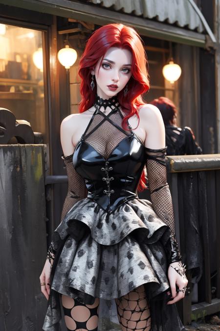 g0thdr3ss, dress, sheer, short dress, gothic, white and black dress, dress, bare shoulders, torn pantyhose, boots, black footwear, torn clothes, knee boots, fishnets,
