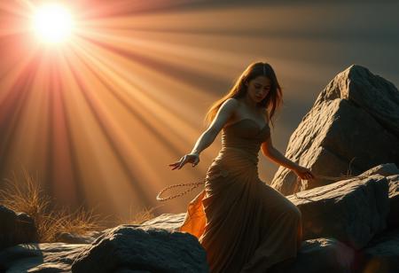 A  women chained to a stone golem in pain, ray of light