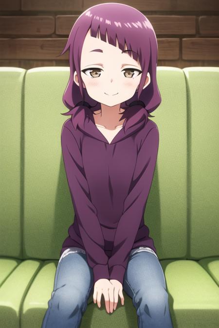 masterpiece, best quality, <lora:kunoichi_shakuyaku:0.7> 1girl, solo, brown eyes,  purple hair, twintails, low twintails, light smile, flat chest,  hoodie, long sleeves, jeans, sitting, couch,