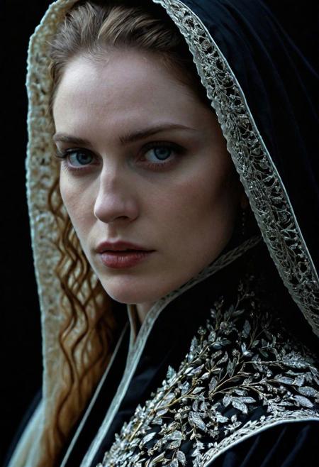 In the darkness of a moonlit night, an enigmatic silhouette emerges, clad in a rich black robe. Her eyes, of striking depth, capture the light with an almost supernatural precision, while her skin, of immaculate pallor, reveals details of remarkable finesse. Her blond hair, like strands of gold, frames a face of enchanting charm, adorned with delicate beauty marks and faint wrinkles testifying to a life well-lived. Her generous curves are accentuated by an imposing chest whose wide and detailed areolas draw the eye, while an aura of mystery and sophistication emanates from her presence, captured in a photograph of exceptional quality, revealing every nuance of her being with remarkable clarity.
In this frozen moment, this woman seems to be much more than a mere representation. She embodies the ultimate form of art, blending realism and aesthetics in a living tableau where every detail, from delicate veins to the pores of her skin, is meticulously captured. This work, far more than a simple photograph, transcends the boundaries of realism to become a true creation of the soul, evoking emotional depth and an almost palpable presence. The woman in the black robe stands there, in all her splendor, an enchanting muse whose captivating beauty and striking details defy imagination, immortalized in a work of art of unparalleled quality. (contrast:1.75), (color:0.75), (lighting:0.95)