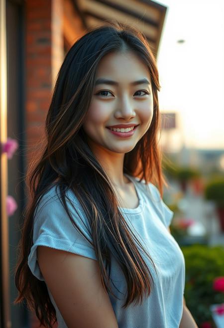 8k, hyper-realistic, masterpiece, ultra hd, hdr, cinematic quality, ultra detailed, film photography, ultra detailed, vibrant saturation, color accuracy, high fidelity, pixel-perfect, noise-free, refined clarity, enhanced contrast, luminous, brightness, visual precision, subtle gradations, optical accuracy, fine elaboration, perfect sharpness, vivid colors, texture-rich, scenic beauty, soft focus, photorealistic, subsurface scattering, absurd res, epic, reflections, absolutely eye-catching, dynamic pose, graphical effects, particles, long soft neat hair, cute woman, soft smile, summer, neat clothes