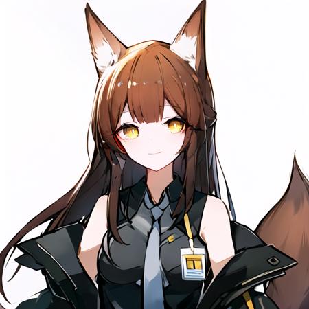 (high quality, high resolution:1.3), 4k, masterpiece, 
BREAK
1girl,  <lora:Franka:0.85>, Franka, 1girl, animal ears, upper body, fox ears, brown hair, tail, yellow eyes, necktie, shirt, sleeveless shirt, grey necktie, off shoulder, jacket, smile, standing, id card, fox shadow puppet, simple background, white background,  <lora:quan_style:1:1:lbw=OUTALL> <lora:NoiseOffset_v2:1.0><lora:NoiseOffset_v2:1.0>