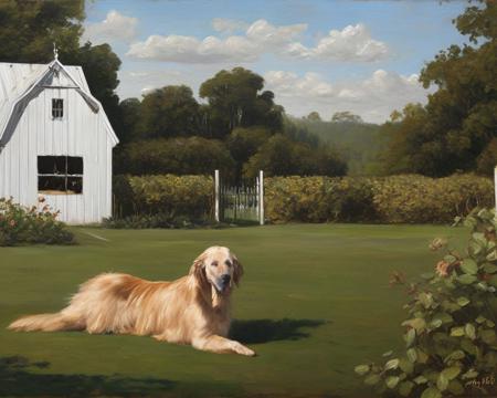 pet portrait, golden retriever on a lawn, in the background is a white barn and tall fence with trellis and trees and bushes and ivy, painted by classipeint, large painting highly detailed, photorealism, long shadows romantic lighting