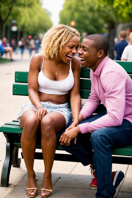 Candid street photography of an interracial couple sitting on a bench, blonde woman, black man, laughing and chatting, tender moments, shallow depth of field, natural light, film-like feel, capturing the essence of their love and relationship.