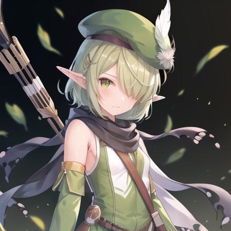 (masterpiece, best quality:1.2),illustration,8k,hd,1girl,upper body,(portrait:1.2),green scarf,pointy ears,elf,hat feather,two-tone shirt,torn scarf,green shirt,detached sleeves,shirt,scarf,solo,holding,hair over one eye,green eyes,white shirt,hat,sleeveless shirt,green sleeves,short hair,green headwear,bow \(weapon\),sleeveless,holding bow \(weapon\),shorts,beret,green hair,thighhighs,weapon,armpits,holding weapon,green thighhighs,striped thighhighs,looking at viewer,vertical-striped thighhighs,arrow \(projectile\),green shorts,small breasts,quiver,feathers,<lora:Futaba Aoi-V0.5:0.7>,