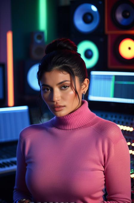 A photorealistic image of kl jnnr woman, wearing a warm turtleneck sweater, in a recording studio, captured during the evening, surrounded by instruments and sound equipment, with neon lighting effects, reflecting passion and creativity, in a futuristic setting, dramatic, highly detailed, analog film grain, bokeh