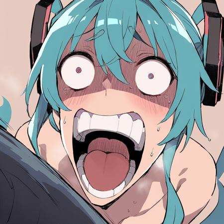 <lora:xl_enel face-000032:1>,enel face,open mouth,sweat,teeth,wide-eyed,constricted pupils,hatsune miku,blue hair,, masterpiece, best quality,