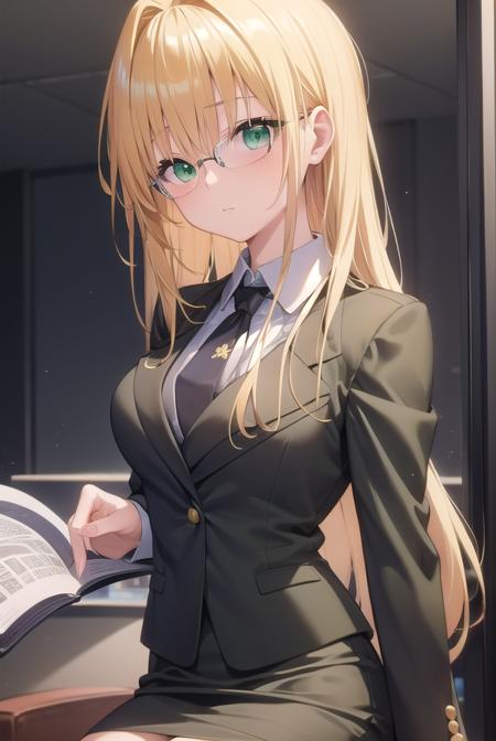 lunatiquetearju, <lora:tearjulunatiquetest:1>,
tearju lunatique, blonde hair, (green eyes:1.5), hair intakes, long hair, low-tied long hair, glasses,
BREAK business suit, formal, jacket, pantyhose, pencil skirt, skirt, skirt suit, suit, thighhighs, black suit, black jacket, black skirt,
BREAK looking at viewer,
BREAK indoors, classroom,
BREAK <lora:GoodHands-vanilla:1>, (masterpiece:1.2), best quality, high resolution, unity 8k wallpaper, (illustration:0.8), (beautiful detailed eyes:1.6), extremely detailed face, perfect lighting, extremely detailed CG, (perfect hands, perfect anatomy),