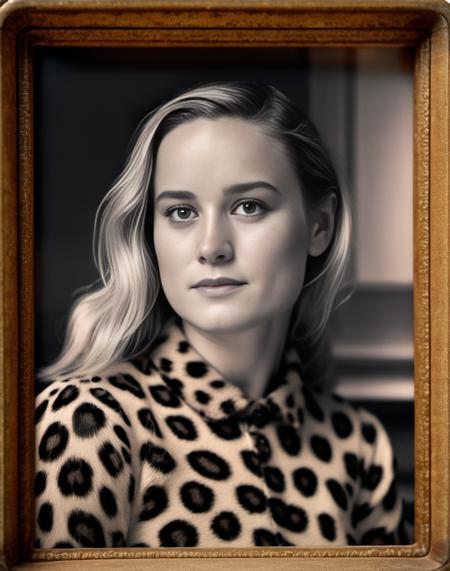 BrieLarson, (art by William Holman Hunt:0.8) , photograph, Female, Printer, plain leopard print background, tilt shift, film grain, Canon R5, 35mm, Ambrotype,  <lora:BrieLarsonSDXL:1>