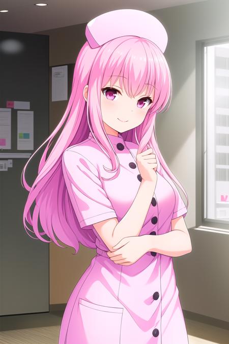 (masterpiece, best quality), highly detailed background, perfect lightingbest quality, kagamimatsuri, solo, indoors, hospital, nurse, nurse cap, white headwear, pink hair, very long hair, pink eyes, yellow jacket, white dress, <lora:GoodHands-vanilla:1>, smile, closed mouth, :), pink lips, <lora:Kagami-Matsuri:0.7>