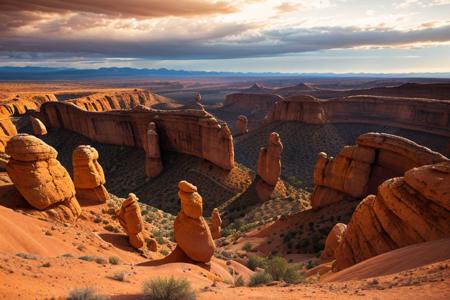 Epic cinematic frame, Super Panavision 70, widescreen format, sweeping vistas, desert landscape, majestic mountains, rock formations, hoodoos, arches, soaring birds eye view, dramatic landscape, rugged terrain, atmospheric weather conditions, golden hour lighting, soft gradations of color, rich textures, cinematic depth, vivid colors, dynamic composition, immersive experience.