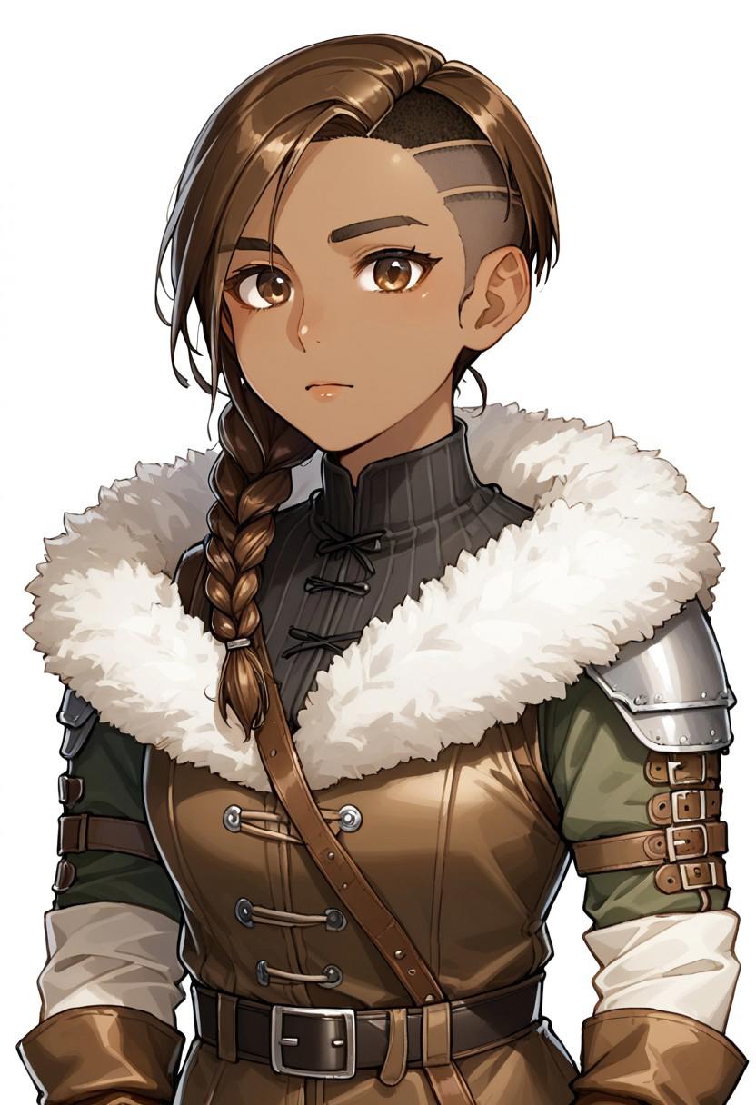 score_9, score_7_up, source_anime, half body, 1girl,  lumberjack, African, black skin, brown eyes, long dark brown hair, undercut hairstyle, side braid, looking at the viewer,   bulky medieval fur-trimmed leather armor, fur wrists, (fur-trimmed long brown gloves:1.8), brown fur pants, steel pauldrons, (gorget:2), empty hands, medieval fantasy, belt, white background