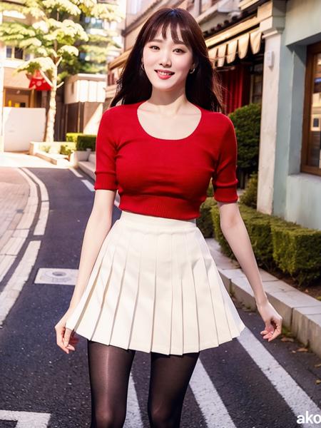 LSKyung, red pleated skirt and white top, wearing black tights, in a street smiling, detailed face, (8k, RAW photo, best quality, masterpiece:1.2), (realistic, photo-realistic:1.37), professional lighting, photon mapping, radiosity, physically-based rendering  <lora:LSKyung-000001:1>