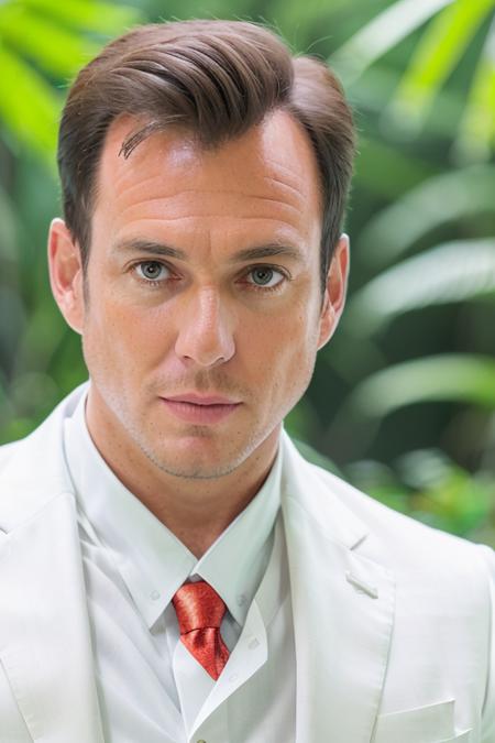 a man in a stunning white suit <lora:willArnett:1> in a jungle paradise, RAW, 8K, UHD, candid, amateur, close up, (thinking he made a big mistake)