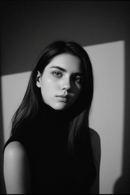 Beautiful 21 year Old woman diamond shaped face, cat eyes, dark eye shadow, high contrast bnw photo, analog film photo, deep shadow, grain