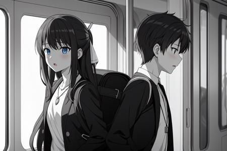 1boy, 1girl, backpack, bag, hair_ribbon, jacket, jewelry, long_hair, monochrome, necklace, parted_lips, pendant, randoseru, ribbon, shirt, train_interior, upper_body