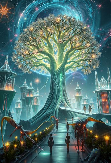 A mystical, ethereal realm where nature and technology intertwine, creating a harmonious fusion of organic life and futuristic architecture. The central focus is a colossal tree, its bark made of shimmering silver, and its leaves glowing like neon fractals. The tree’s roots stretch deep into the earth, intertwining with glowing, bioluminescent cables that pulse with energy. Surrounding the tree is a city made of crystalline structures, some floating and others anchored in the ground, with sleek, metallic bridges connecting them. The streets are lined with plants that have neon veins, and the sky above is a swirling vortex of stars, galaxies, and vibrant nebulae. Ethereal beings, resembling humans but with translucent skin and glowing eyes, walk through the city, interacting with advanced, sentient machines that look like organic creatures. The scene should evoke a sense of peaceful coexistence between technology and nature, blending science fiction with spiritual energy. The lighting is soft yet vibrant, with iridescent hues casting long, flowing shadows.