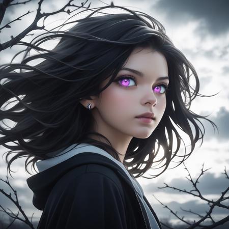 A striking black-and-white portrait of a beautiful girl with vividly colored eyes, glowing in contrast against the monochrome tones. Her piercing gaze is the focal point, framed by wisps of wind-blown hair. Behind her, a dramatic sky filled with textured clouds and the skeletal outlines of bare branches adds depth and intrigue. The portrait uses a shallow depth of field to keep the girl in sharp focus while softly blending the background into a dreamy haze.
phangry