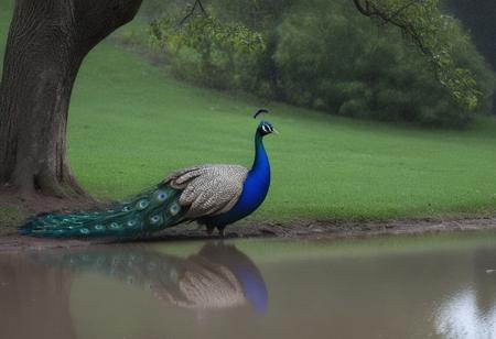 "A peacock standing proudly under a tree, 
unaware of the storm approaching, 
still admiring his reflection in the water."