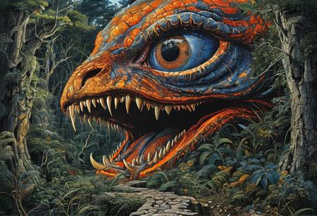 style of Mati Klarwein, EnhanceImage, highly detailed, ultra detailed, high quality, sharp image, bright orange gray blue forest background, rich shadows and bright highlights, close up view, elaborate illustration long segmented serpent monster, (mouth open snarling teeth), horror, light shining through, transparent fins and spikes