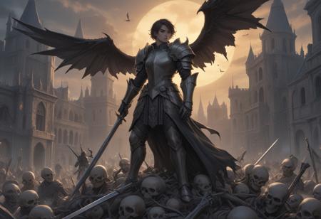 Generate a highly detailed digital matte painting of a knight in full armor, standing on a pile of skulls and bones with a large sword and a shield. The sword should have a curved blade and a pointed tip, while the armor is made of metal with intricate designs and patterns. Include a bird perched on a branch on the base. The background should feature a city in the distance with framed buildings surrounded by walls, inspired by the claymore anime style. The image should be in the style of Artgerm, Charlie Bowater, Atey Ghailan, and Mike Mignola, with vibrant colors, hard shadows, and strong rim light. Use cinematic lighting and ensure the figurine appears highly detailed. The output should be a comic cover art style image with a plain background.