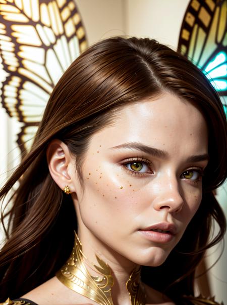 8k portrait of beautiful cyborg with brown hair, intricate, elegant, highly detailed, majestic, digital photography, art by artgerm and ruan jia and greg rutkowski surreal painting gold butterfly filigree, broken glass, (masterpiece, side lighting, finely detailed beautiful eyes: 1.2), hdr