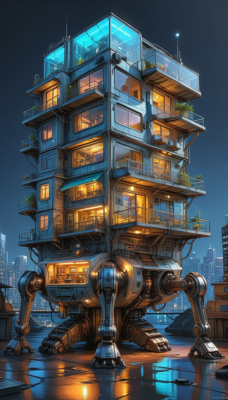 (cel-shading:2)+, (in ARTIST style:1.6), (masterpiece:1.7), hyperrealism, glossy, shinny,
clear image, accurate picture, clear picture, precise image, focused image, Science fiction style, Science fiction,
(cozy comfy glowing multi storey building) on mechanical legs, science fiction, aquarium on mechanical legs focus, neon glowing cyberpunk city street background, mecha,
comic style, (ultra sharp focus:2), (thin lines:2),
(best quality:1.8),
<lora:Apparatus_-_Traction_City_Walkers_Vehicles:0.8>,