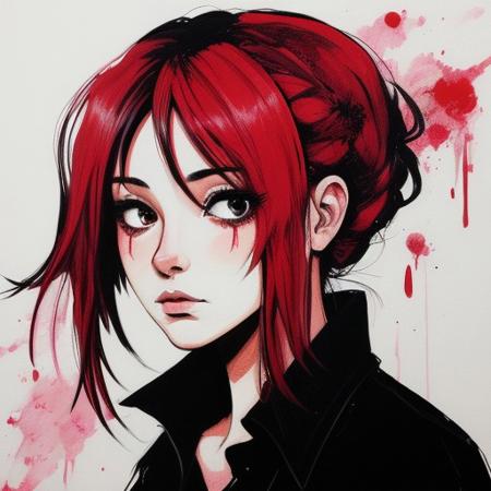 A beautiful sad girl.
Anime style. 
Ink.  Abstract painting.
Black and red only.
Heavy outlines, rough outlines.