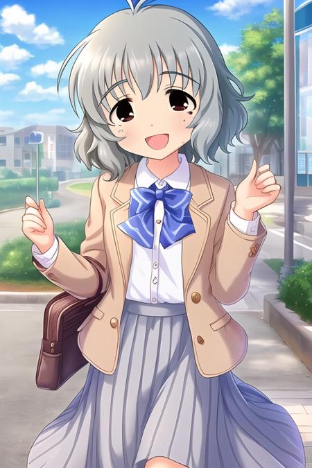 Narumiya Yume,
1girl, :d, antenna hair, bag, bag charm, blue sky, blush, brown dress, brown eyes, brown jacket, cloud, collared shirt, day, dress, grey hair, holding, holding bag, jacket, looking at viewer, mole, mole under eye, open mouth, outdoors, school bag, school uniform, shirt, sky, smile, solo, white shirt
<lora:deresute-unvoiced-v1.2:1>