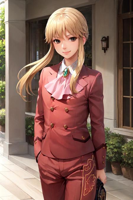 (masterpiece, best quality:1.2), <lyco:umineko_ushiromiyalion-10:1.0>, cowboy shot, solo, male focus, 1boy, ushiromiya lion, androgynous, smile, closed mouth, looking at viewer, arms at side, ponytail, formal, suit, ascot