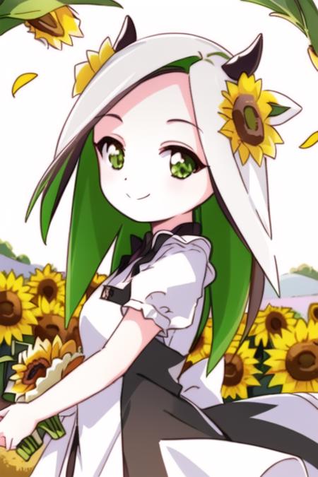 (libbie:1.3), (1girl:1.2) (solo:1.1) close up, (eye focus:1.1) (green eyes), (white skin:1.3), black horns,(dynamic posing:1.1) ((white dress):1.3), ((in the background (sunflower), field, trees, sunflowers, leaves,)) wind, (facing viewer:1.1) (standing:1.1). (light smile:1.2) (slight smile:1.35), (facing viewer:1.1) (smile:1.4)   <lora:libbie-15:0.8>  <lora:namori-15:0.85>