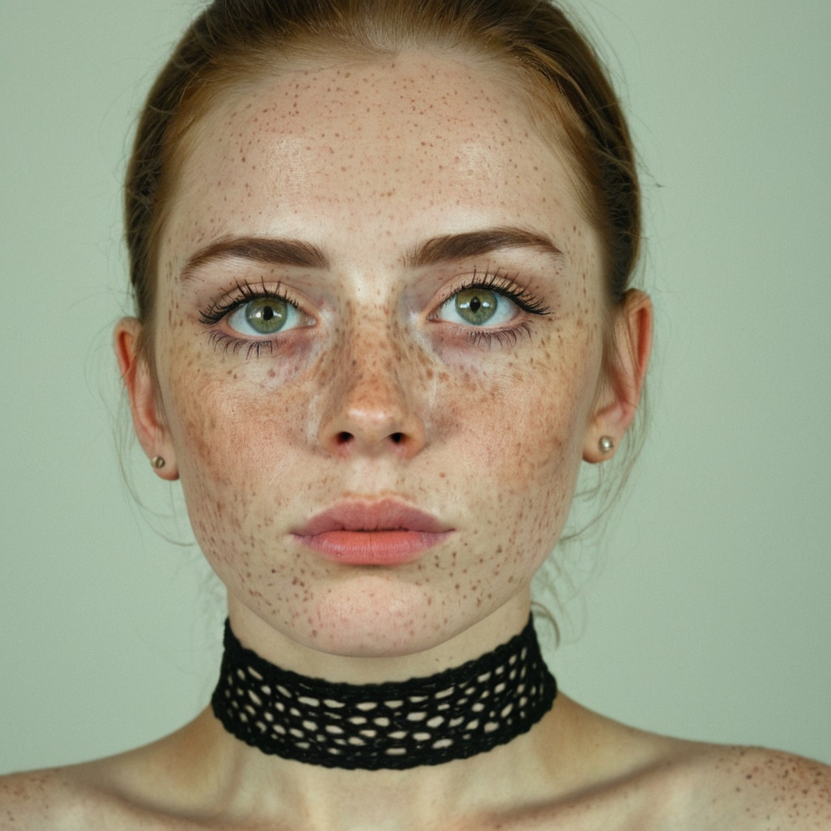 <lora:90B28AE8F5:0.7> woman with extreme freckles wearing a choker he has natural-looking skin staring forward, hd, sharp ...