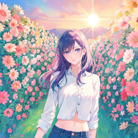 Samia, girl, solo, shirt, looking at you, face,midriff, perfect, flowers, high quality, sun kiss, radiant, farm