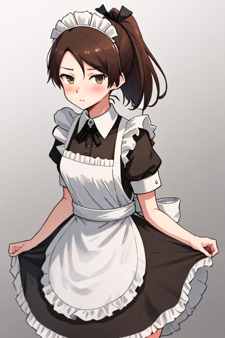 best quality, masterpiece, highres, solo, {maid:1.40}, {long maid dress:1.15}, {shikinami_kantaicollection:1.15}, brown_hair, ponytail, brown_eyes, short_hair, hair_ribbon, ribbon, serafuku, blush