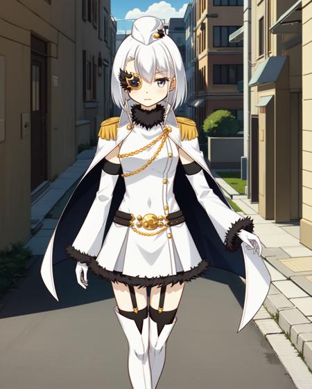 masterpiece, high quality, mgrcnagitan, walking, (dynamic shot), outdoors, street, day, sunshine, 1girl, solo, white hair, grey eyes, golden monocle on right eye, one eye covered, white sleeveless dress with fur edgings, white cloak with high collar, white long sleeves with fur edgings, golden epolets, black belt with golden buckle, white garrison cap, white gloves, zettai ryouiki, black thighhighs, white legwear, <lora:mgrcnagitan-000006:0.8>