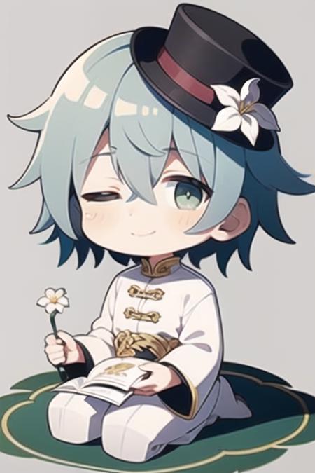 <lora:Ain-05:0.5> , ain, solo, looking at viewer, smile, short hair, simple background, long sleeves, 1boy, hat, holding, hair between eyes, sitting, closed mouth, green eyes, full body, flower, grey hair, male focus, one eye closed, pants, chibi, chinese clothes, white jacket, white flower, black background, seiza, blue headwear, ;), top hat, hat flower