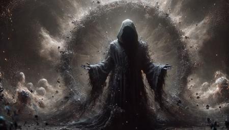 A mysterious black cloaked figure summoning dark forces in a ritual circle, , ghostwhite, surrounded by ais-darkpartz that pulsate with malevolent energy. <lora:Dark_Particles_Style_SDXL:1>, floralwhite