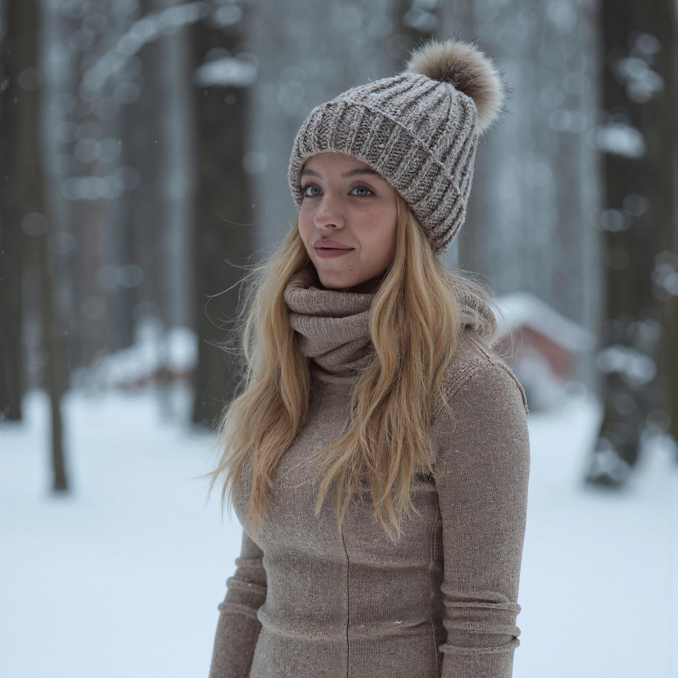 A close-up photograph of sw33ny standing in a cold, snowy forest, capturing the serene and wintery atmosphere. She is dressed warmly, wearing a tight, form-fitting sweater that hugs her figure, providing both warmth and style. The sweater could be a soft, knitted material in a neutral or earthy color, complementing the natural winter surroundings.

She is also wearing a cozy bobble hat that adds a touch of playfulness and warmth to her outfit. The hat is snug, with a fluffy pom-pom on top, and is possibly knitted in a complementary color to her sweater. Her hair peeks out from under the hat, either in soft waves or neatly tucked inside.

The background features a dense forest blanketed in snow, with tall trees standing silent and still, their branches heavy with fresh snow. The cold air is visible, adding a crisp, frosty texture to the scene. The soft, diffused light of a cloudy winter day illuminates the scene, creating a gentle, even glow that highlights her  features.

Her expression is calm and peaceful, with a slight smile or a serene look, reflecting the tranquility of the snowy environment. The close-up composition focuses on her face and upper body, allowing the details of her cozy winter outfit and the snowy backdrop to be clearly visible.

The overall mood of the photograph is serene, cozy, and wintery, capturing sw33ny in a moment of quiet beauty amidst a snowy forest. The combination of her warm, stylish outfit and the cold, crisp setting creates a visually pleasing and atmospheric image.