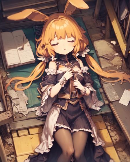 <lora:NeokiV1.2:1.0>
1girl, solo, wearing frilly wizard outfit, (blonde)(long)(Low twintails) hair,
rabbit ears
(sleeping in scrapyard)