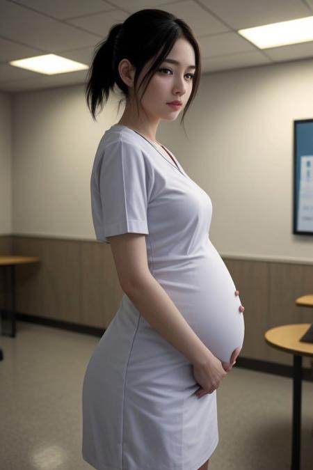 pregnant Female, with black single ponytail and wearing white nurse uniform. In the school health room.
FHD, masterpiece, realistic style.