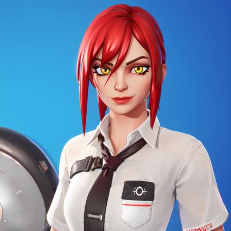 <lora:FortSketcherAlpha:0.8>, makima \(chainsaw man\), 1girl, portrait, absurdres, bangs, chainsaw man, collared shirt, highres, looking at viewer, medium hair, red hair, (ringed eyes), white shirt, black necktie, solo, blue background, white shirt, yellow eyes, pupil, (cycles render:1.3), caustics, blue background, (glossy:0.56), (artstation:0.81), unreal engine, fortnine, <lora:makima_offset:1.2>