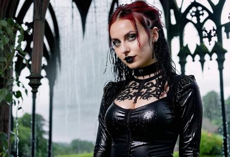 (RAW photo, subject, 8k uhd, dslr, soft lighting, high quality, film grain, Fujifilm XT3, masterpiece, best quality, extremely detailed photograph, volumatic light, ray tracing, bust shot , extremely detailed 8k wallpaper, nsfw), abstract fashion portrait of (((two:1.8) (wet:1.8) (gothic:1.8) girl:2.0), (beautiful african or german girl), (black or brown or white (wet:1.8) skin), (long or medium lenght straight wavey black blonde brunette (wet:1.8) hair),, (colorful streaks), undercut hairstyle, chin bangs, dread hairstyle, braid hairstyle, delicate face and eyes, glossy lips, (giant breast:2.0), perky tits, small waist, hourglass figure, (goithic tattoos:1.8), (piercings:1.6),  wear sexy tight skinny (transparent:1.8) (wet:1.8) gothic summer dress, sit on bench in beautiful garden with dark red roses, in the background a small river, a bridge  an old church, crowd, look at viewer, sexy pose, smile, hdr, (heavy rain:1.8), (wind:1.8), (wetlook:1.6), (lightning:2.8)