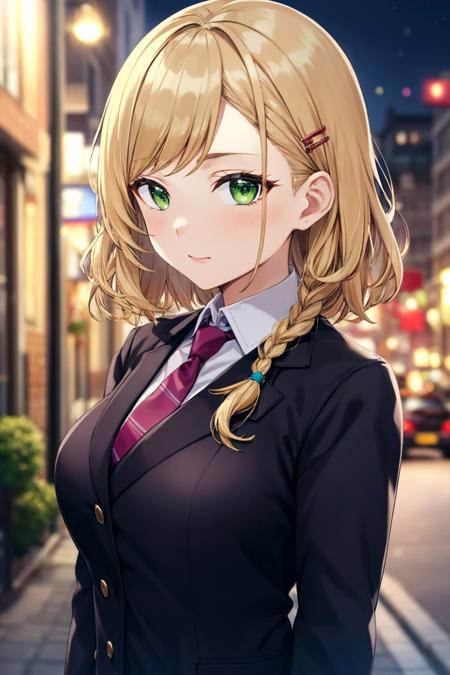 masterpiece, best quality, cute, kawaii,
medium hair, wavy hair, blonde hair, green eyes, swept bangs, shirt, large breasts, button gap, braid, suit jacket, hairpin, necktie,
depth of field, street, bokeh, night, portrait,
<lyco:torinoAquaAingBase-10:0.6>