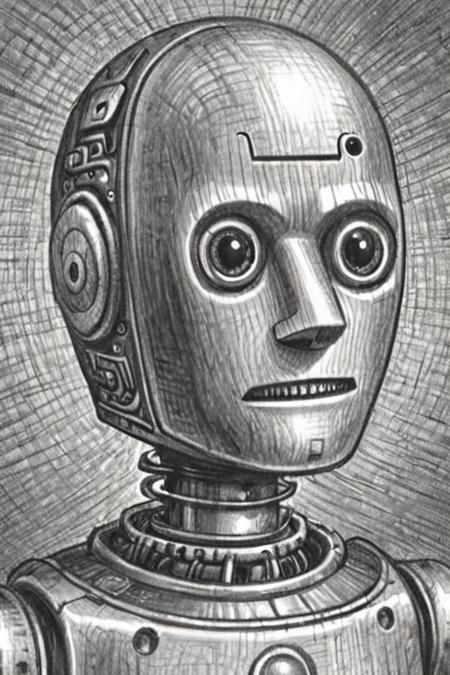 a drawing of a robot with a head by Brian Selznick, <lora:Brian_Selznick_Style_XL:1>